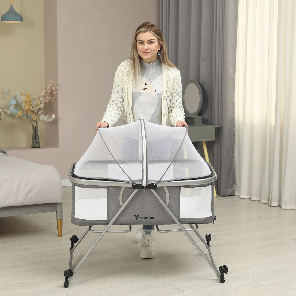 Teknum - 3-in-1 Baby Cot/Cradle W/ Mosquito Net & Wheels - Grey