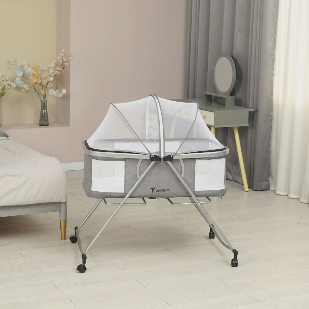 Teknum - 3-in-1 Baby Cot/Cradle W/ Mosquito Net & Wheels - Grey