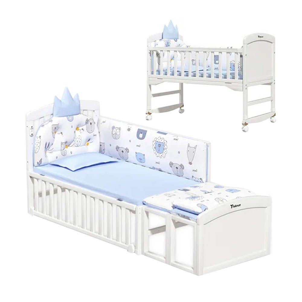 Teknum - 7-in-1 Convertible Kids Bed & Bedside Crib w/ Mattress, Mosquito net & Detachable Wheels - White