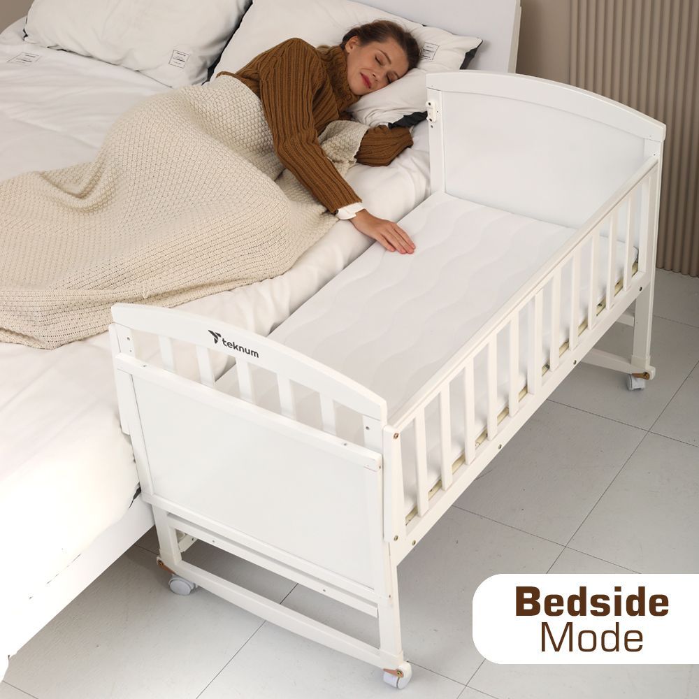 Teknum - 7-in-1 Convertible Kids Bed & Bedside Crib w/ Mattress, Mosquito net & Detachable Wheels - White