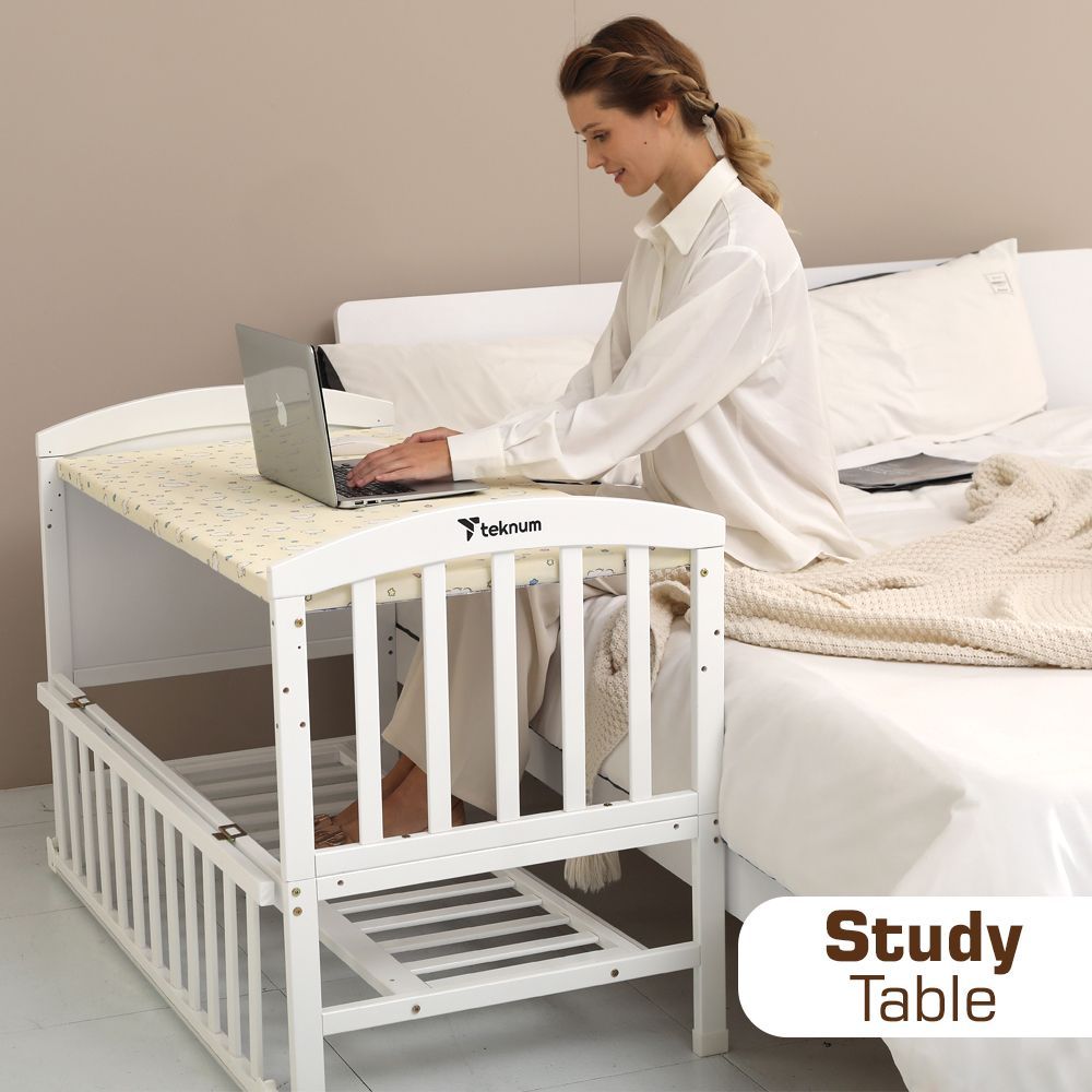 Teknum - 7-in-1 Convertible Kids Bed & Bedside Crib w/ Mattress, Mosquito net & Detachable Wheels - White