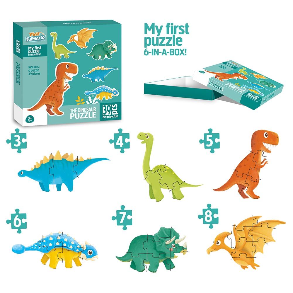 Little Learners - 6 In A Box Dinosaur Age Puzzle Set- 39 Pcs