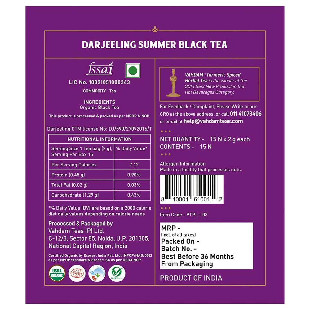 Vahdam - Darjeeling Summer Black Tea - 30g - 15 Tea Bags