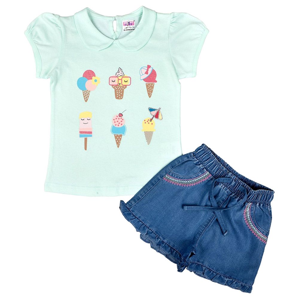 Smart Baby - 2pc-Set - Baby Girl Top & Shorts - Mint/Navy