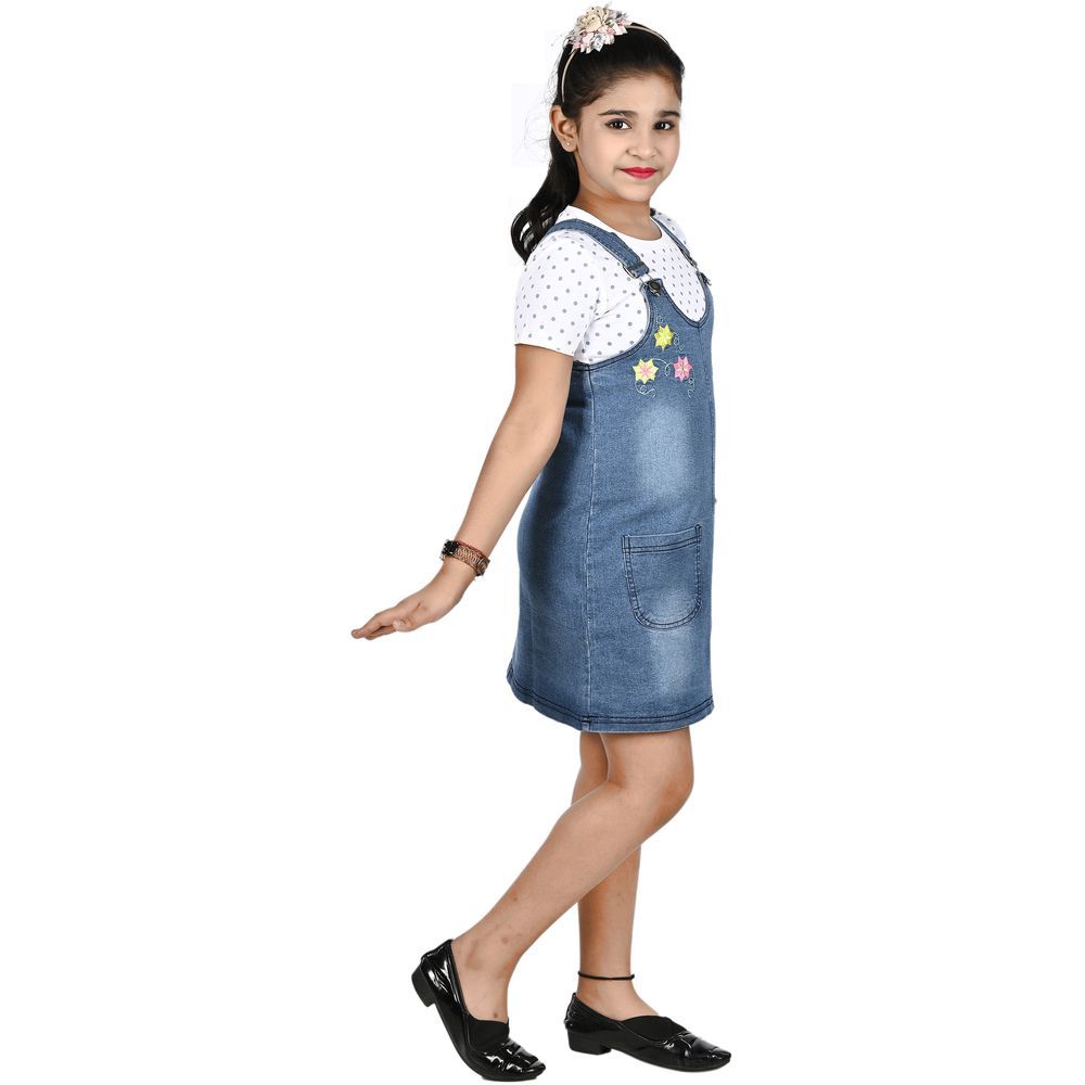 Flower Girl - 2pc-Set - Printed Top & Dungaree Dress - Blue