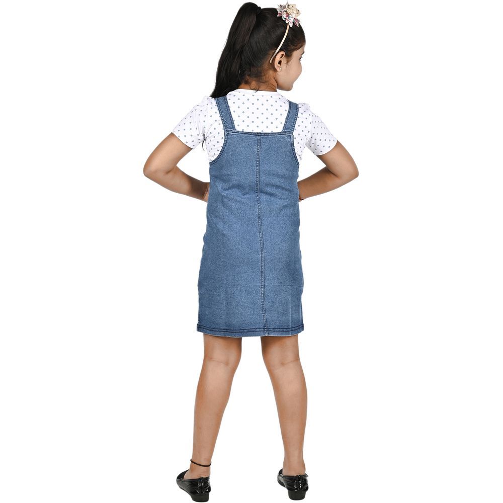 Flower Girl - 2pc-Set - Printed Top & Dungaree Dress - Blue