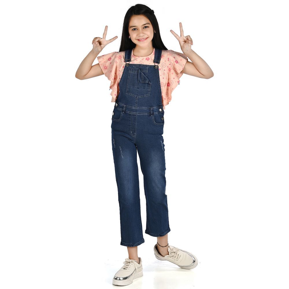 Flower Girl - Girl Full Length Denim Dungaree - Blue