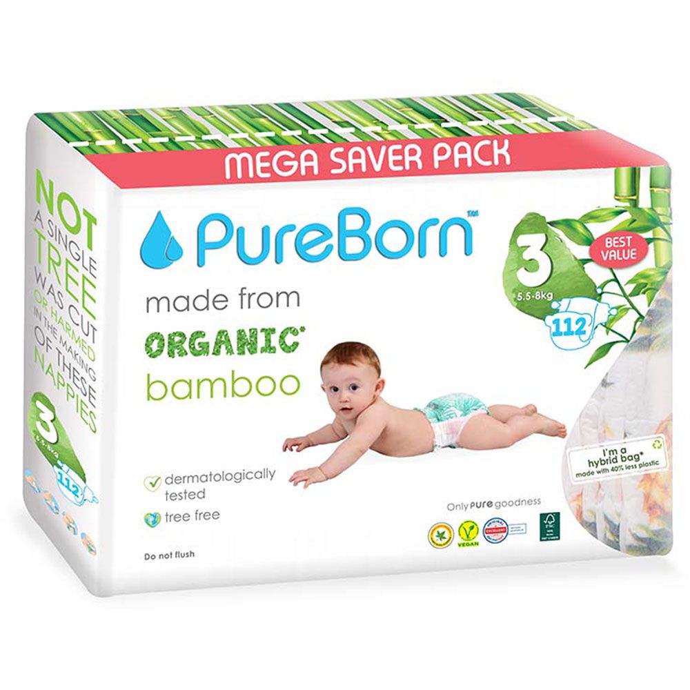 Pureborn Size 3 Value Packs 5.5-8 Kg 112pcs-Assorted