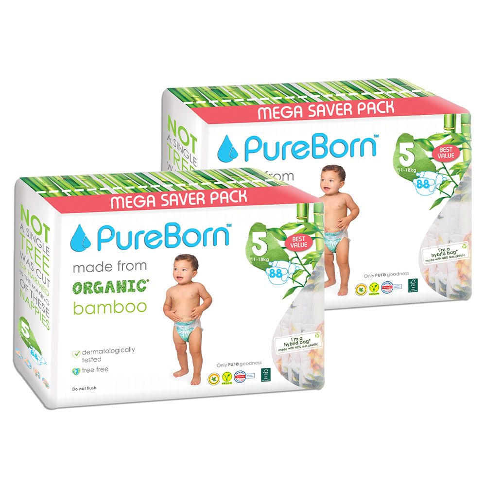 Pureborn Size 5 Master Pack 11-18kg Nappy 88's - Pack of 2 - Assorted