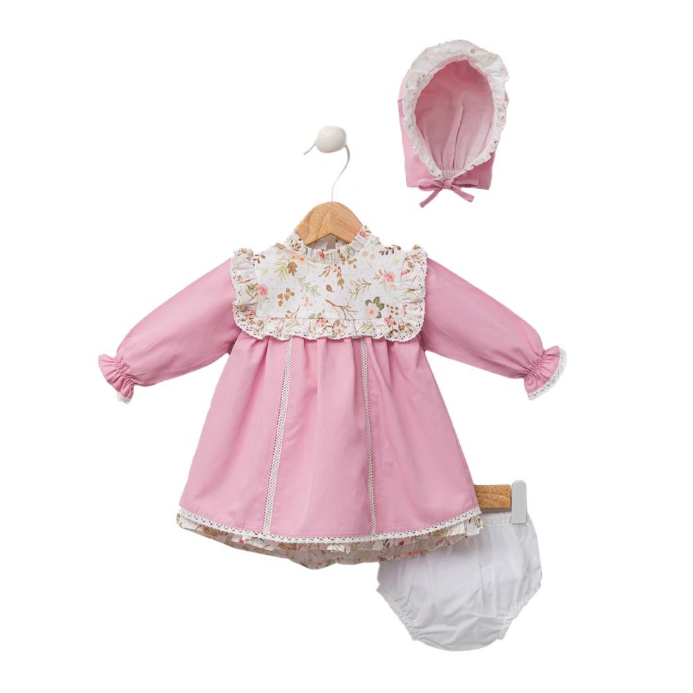 Babydola - 3pc-Set - Baby Dress, Bloomer & Cap - Pink Floral