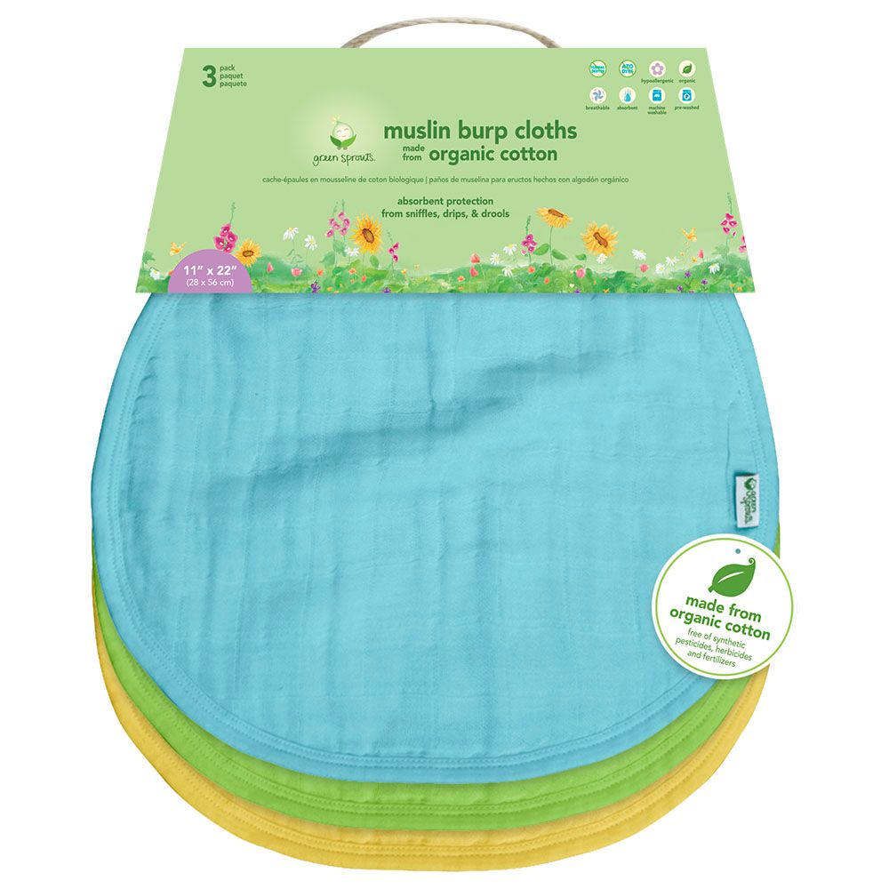 Green Sprouts - Muslin Burp Organic Cloth Pack Of 3 - Aqua