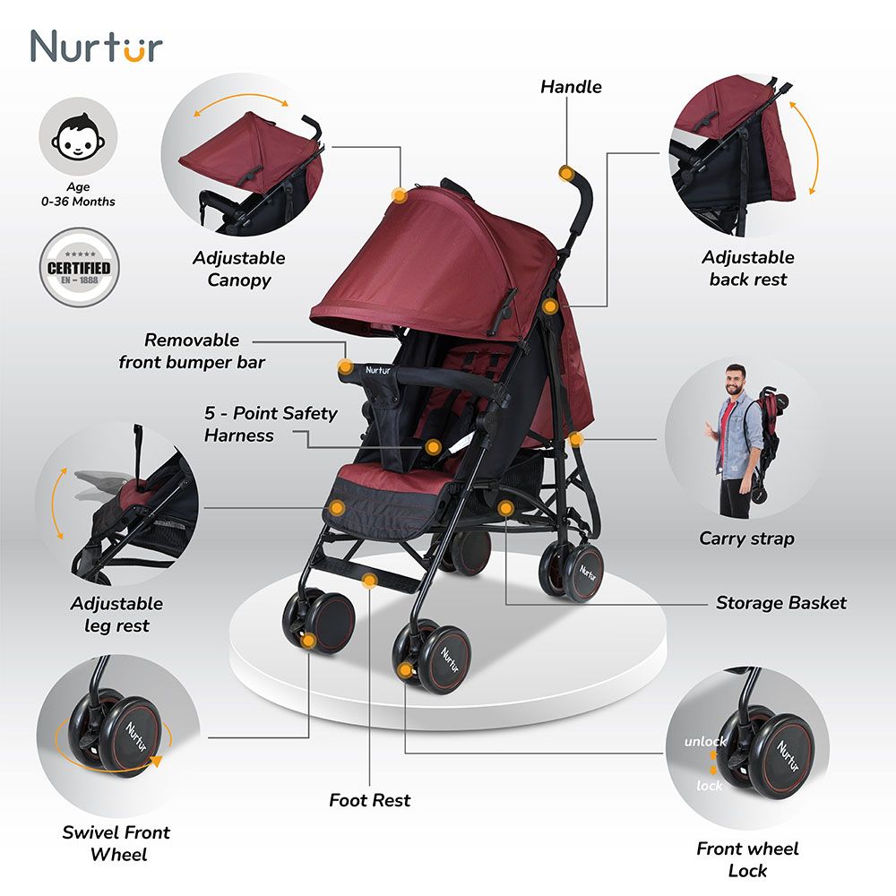 Nurtur - Archer Lightweight Stroller - Maroon