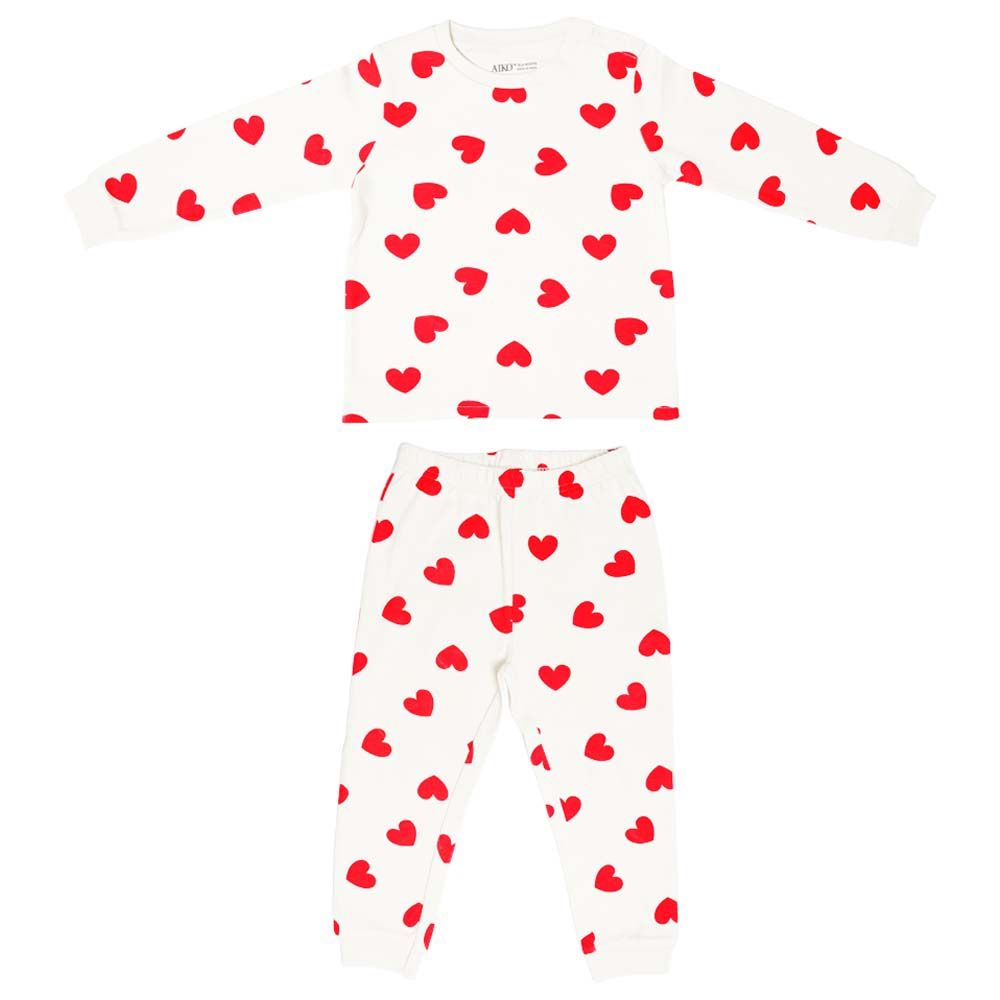 Aiko - 2pc-Set Kids Heart Design T-Shirt & Pyjama - White