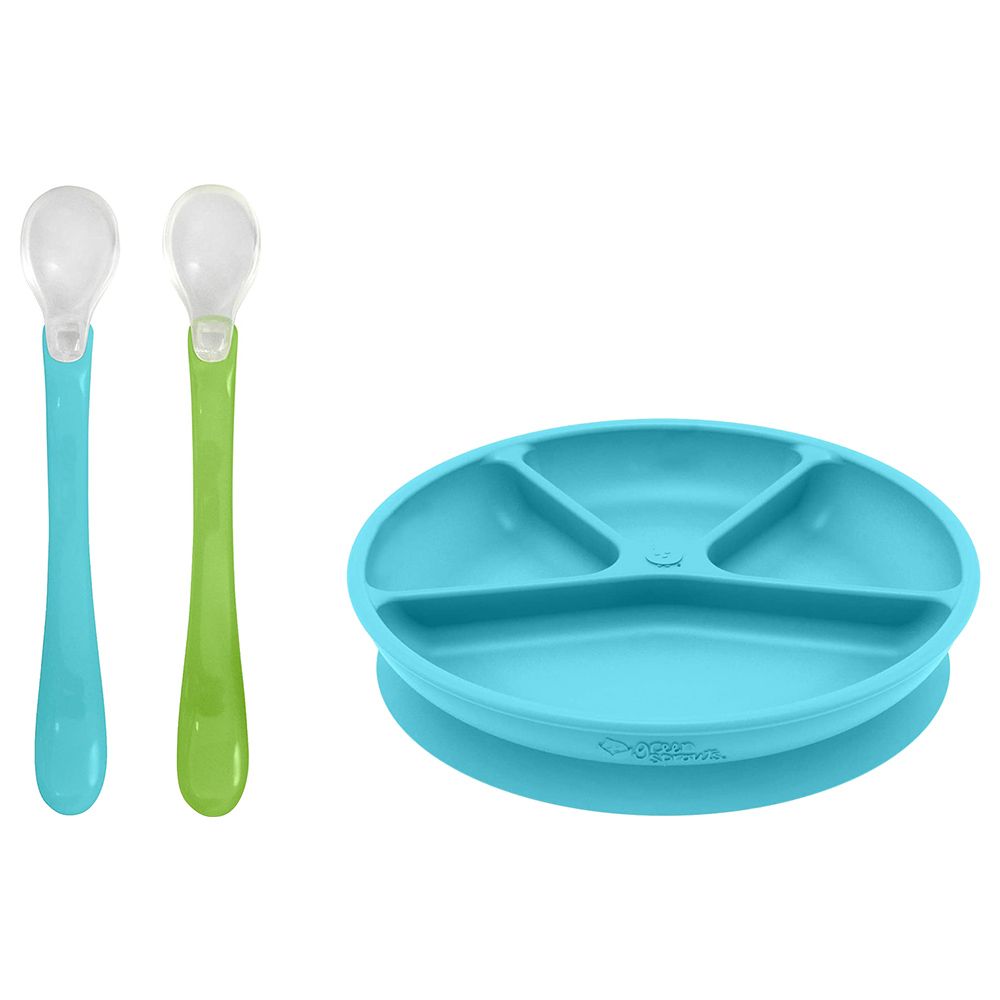 Green Sprouts - Learning Plate & Feeding Spoons - Aqua