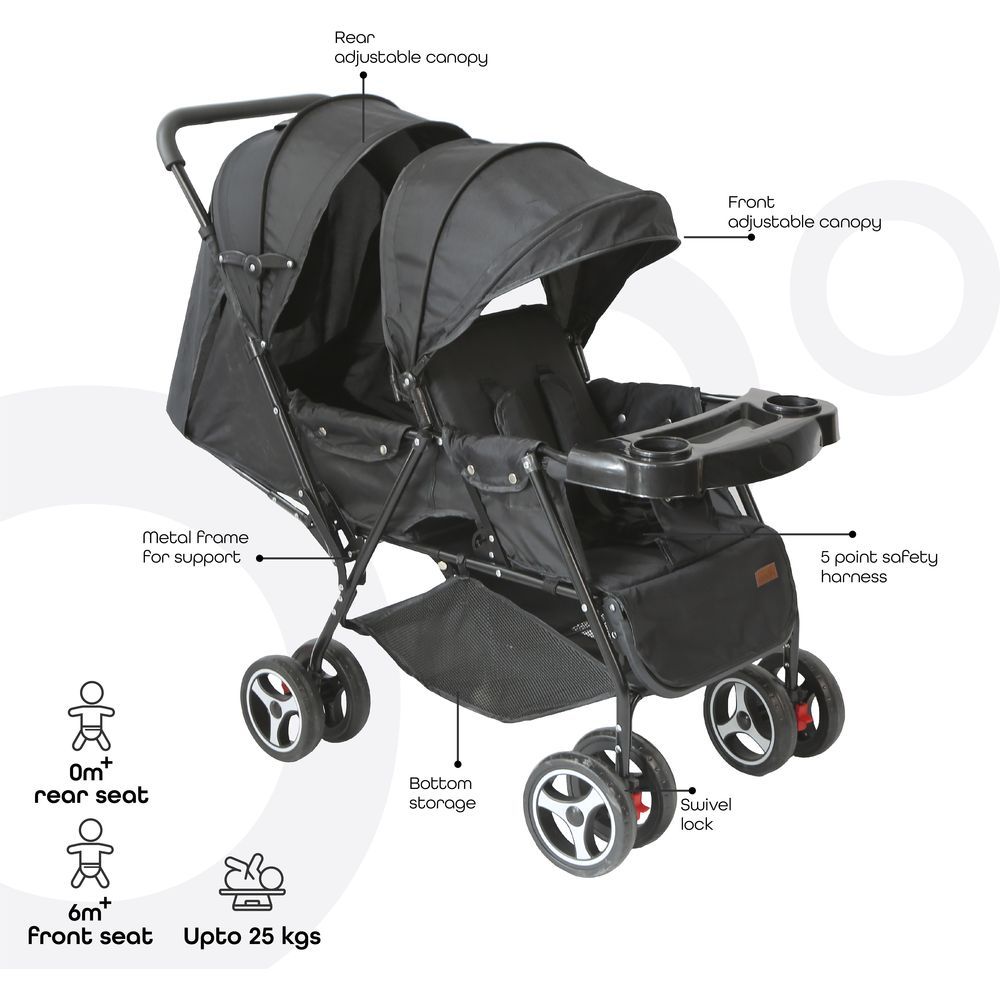 Moon - Magnum Tandem Easy Fold Twin Travel Stroller - Black