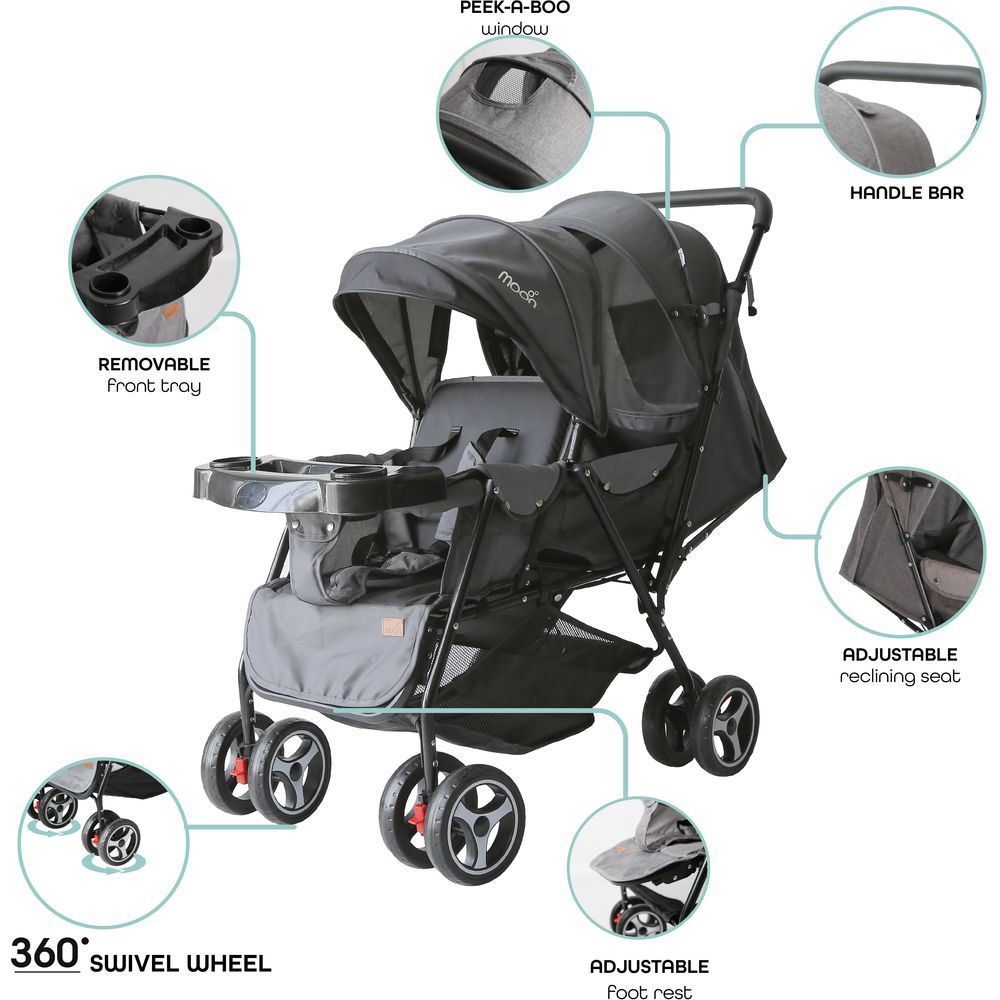 Moon - Magnum Tandem Easy Fold Twin Travel Stroller - Black