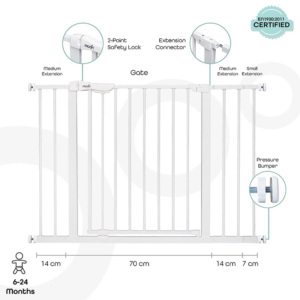 Moon - Safety Metal Gate 74.5-114 cm w/ Extension 7 & 14 cm