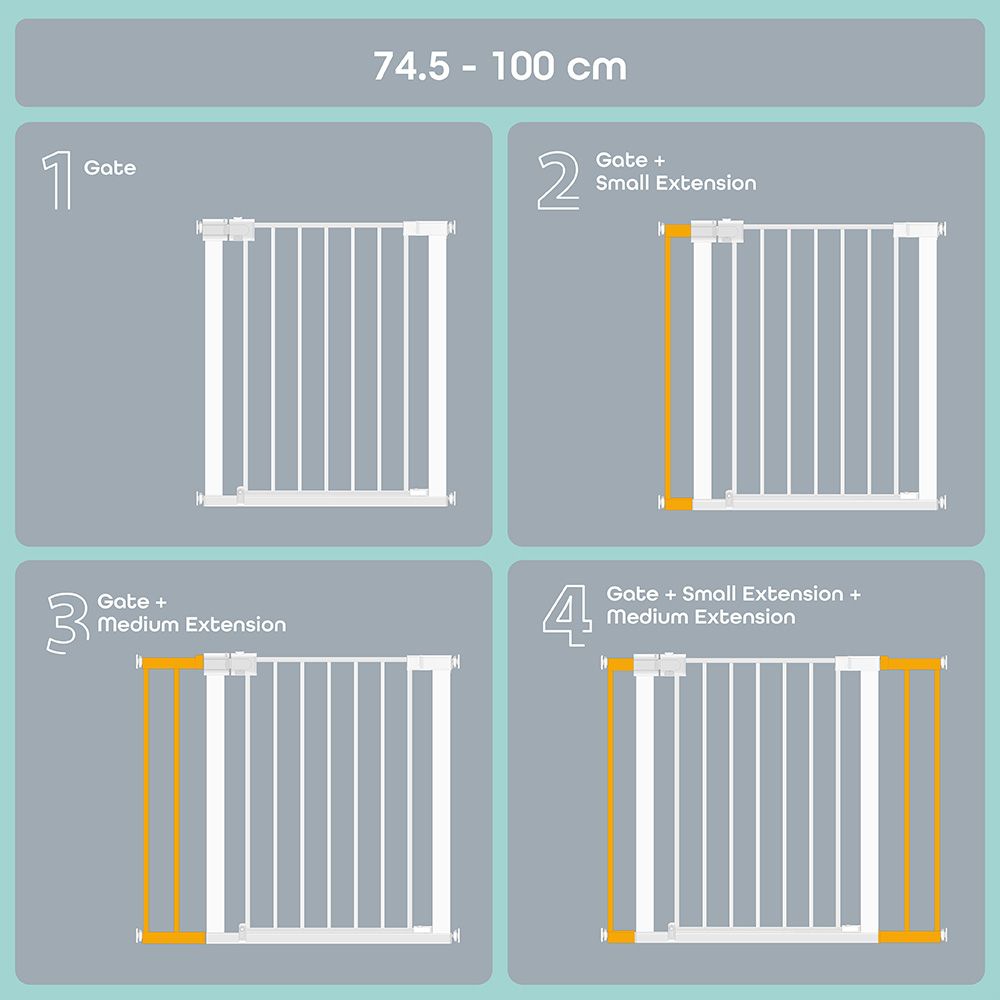 Moon - Safety Metal Gate with Extension Rack & Pressure Mount Kit - White