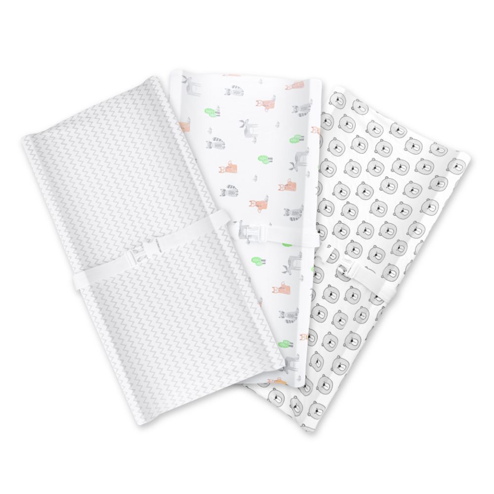 Moon - Organic Changing Pad Cover Pack of 3 - Grey Stripes & Forest