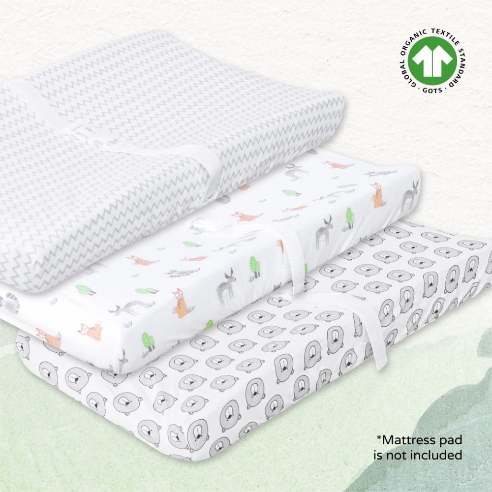 Moon - Organic Changing Pad Cover Pack of 3 - Grey Stripes & Forest