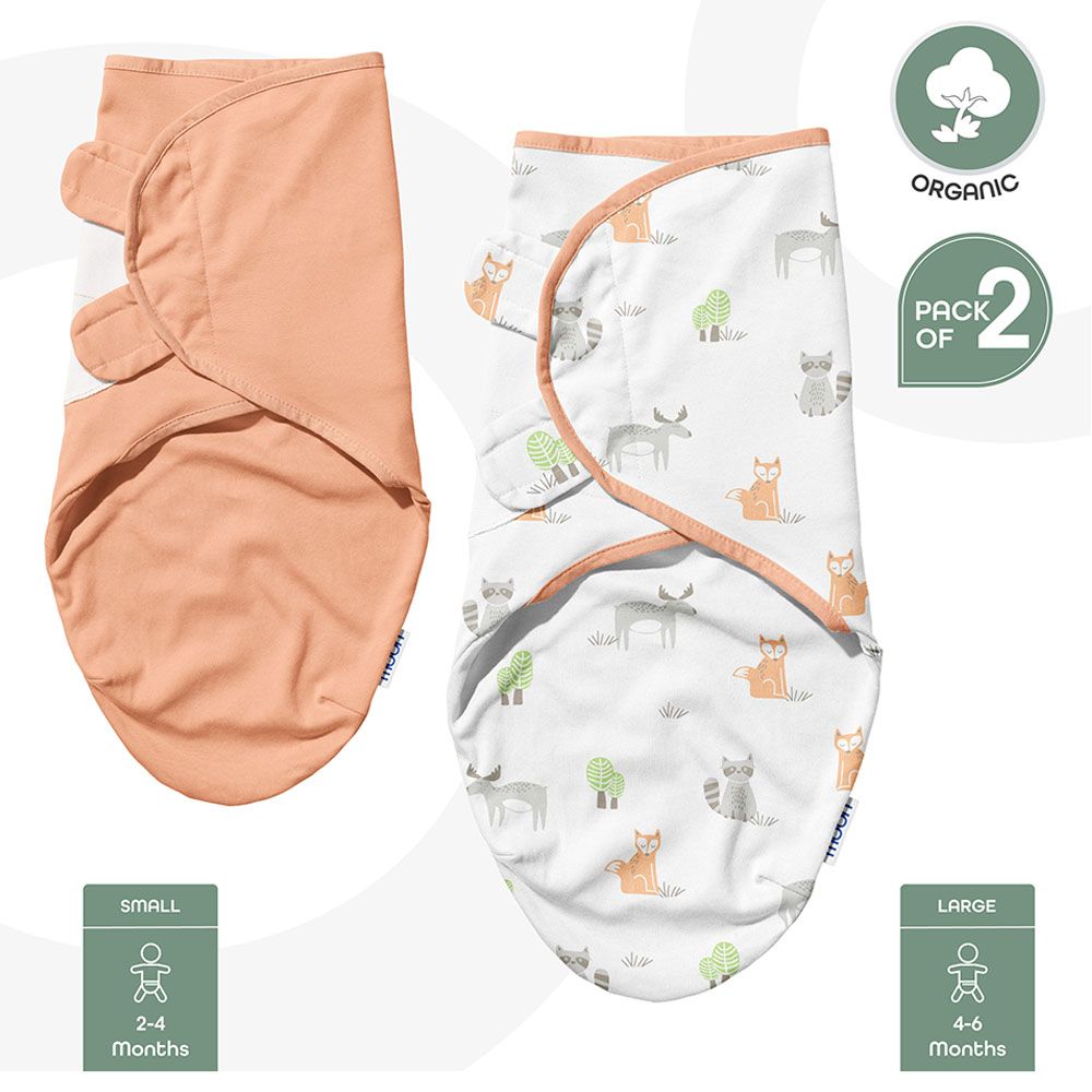 Moon - Organic Baby Swaddle - - Pack of 2 - Forest & Peach