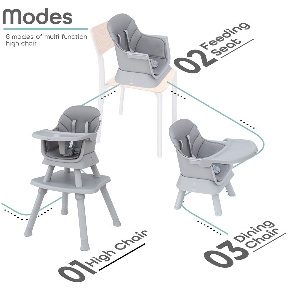 MOON - 6-In-1 High Chair W/ Safety Harness & Belt - Grey