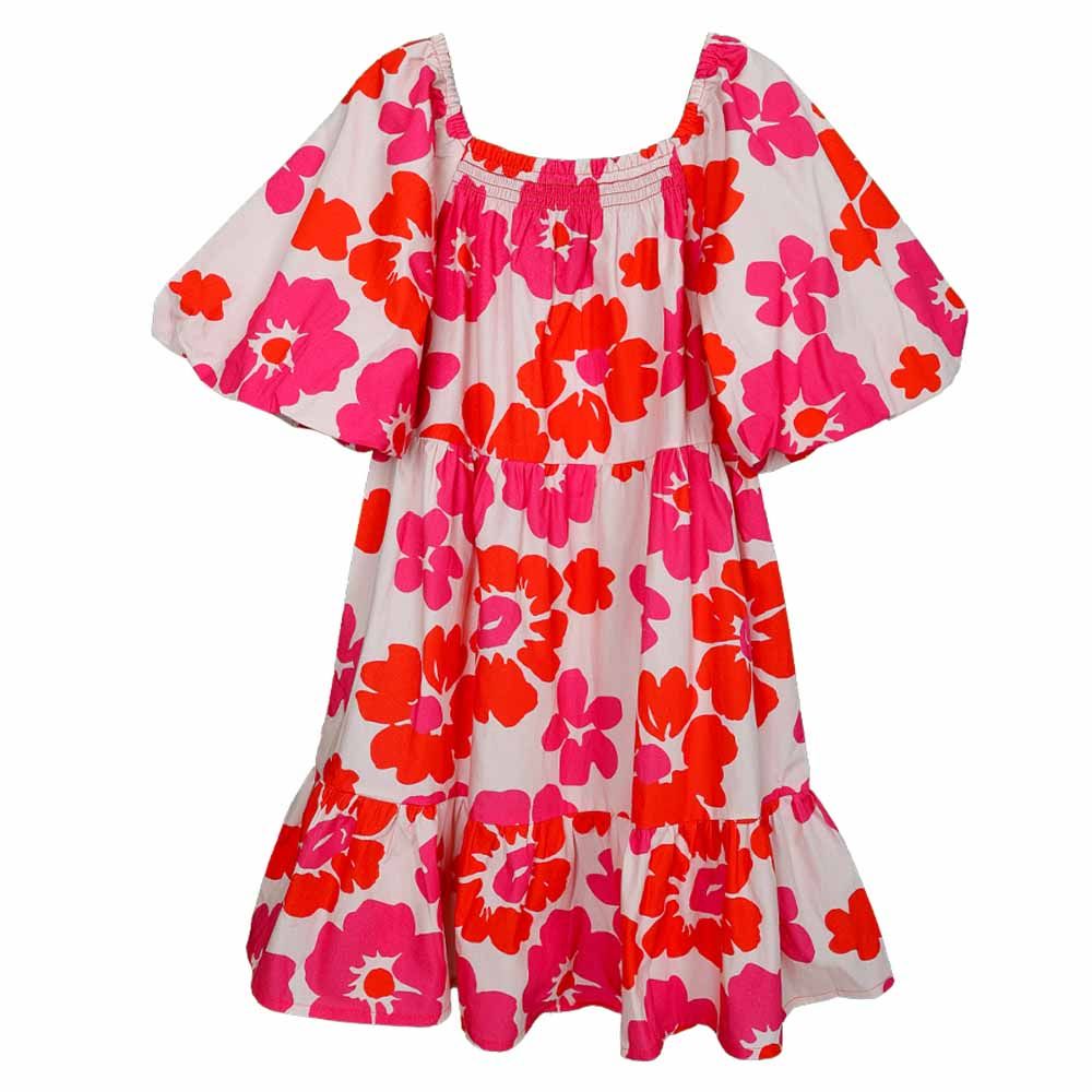 Aiko - Girls Poplin Floral Printed Dress - Pink