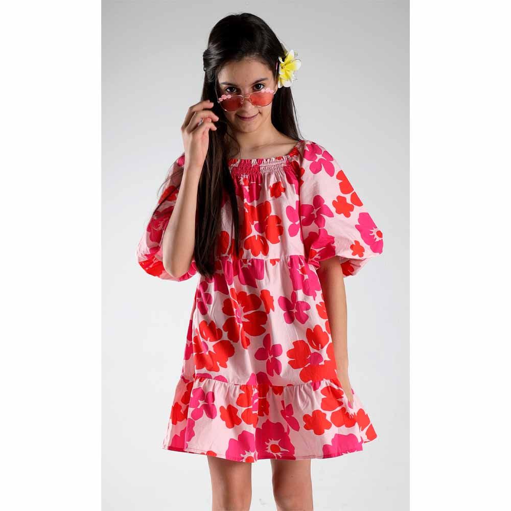 Aiko - Girls Poplin Floral Printed Dress - Pink