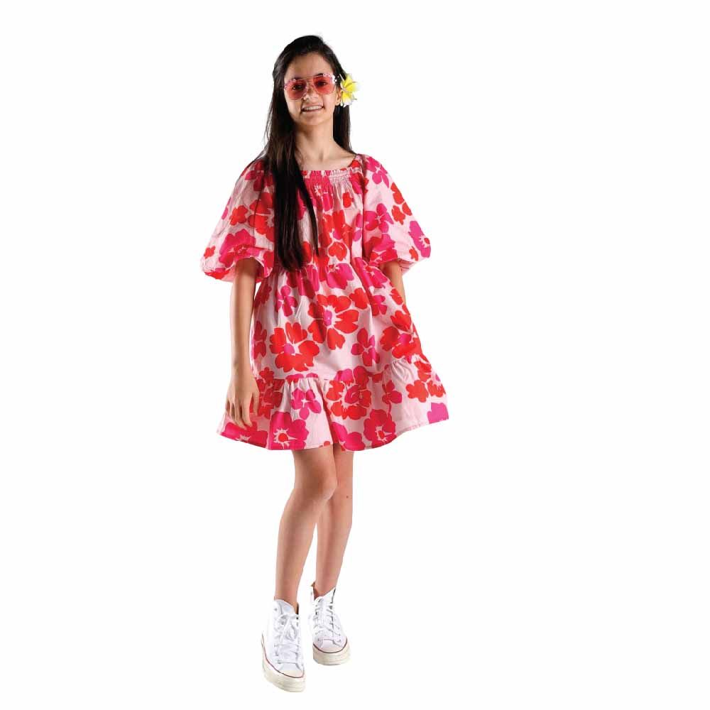 Aiko - Girls Poplin Floral Printed Dress - Pink