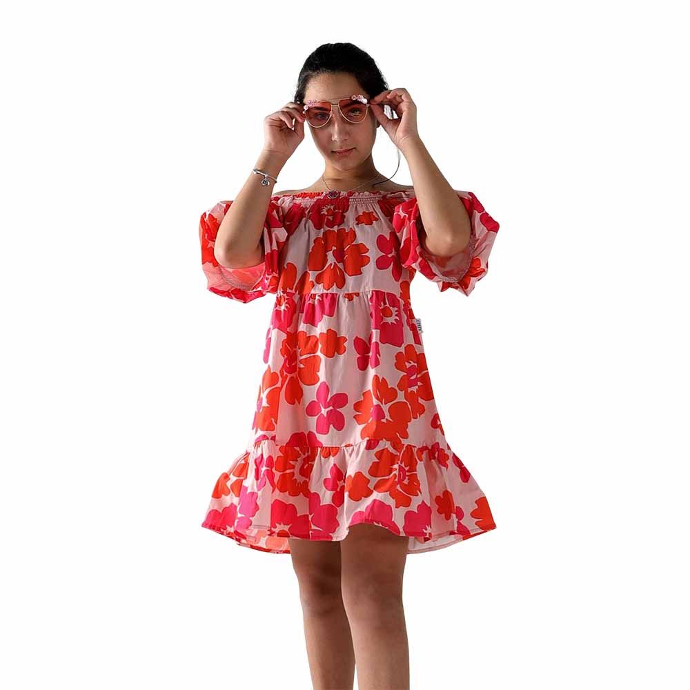 Aiko - Girls Poplin Floral Printed Dress - Pink