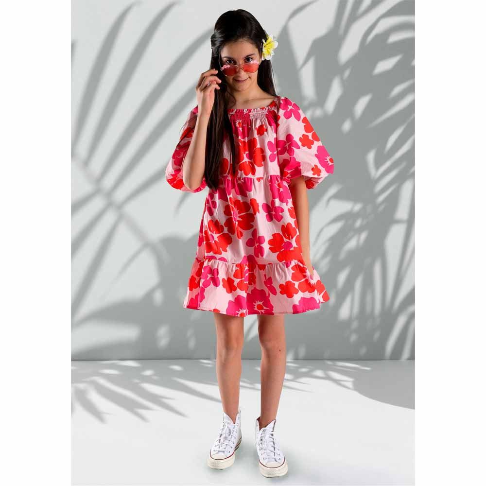 Aiko - Girls Poplin Floral Printed Dress - Pink