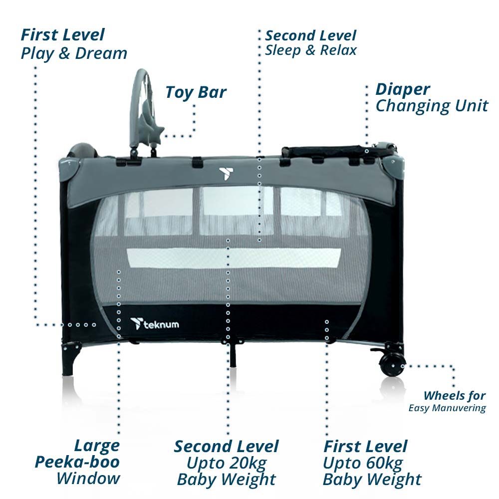 Teknum - Explorer Playard and Cot - Grey