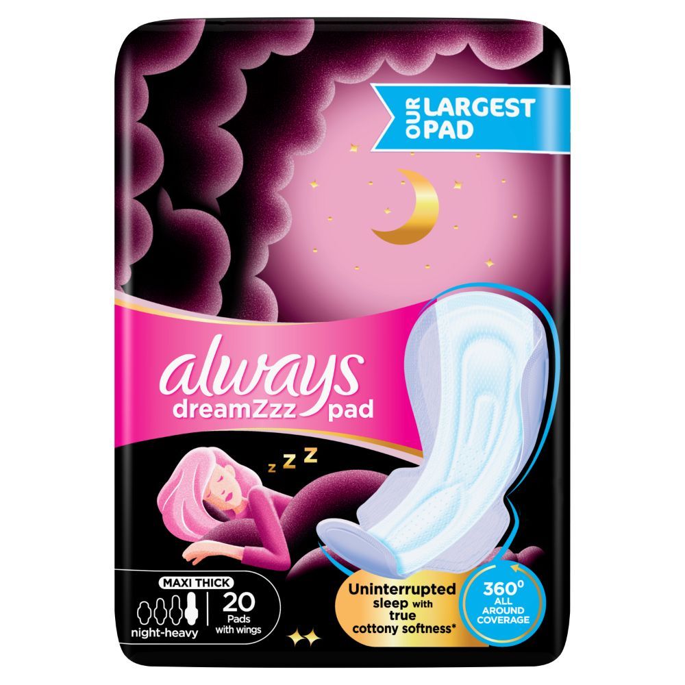 Always Dreamzz Pad Cotton Soft Maxi Thick, Night Long Sanitary Pads W/ Wings 20 Count