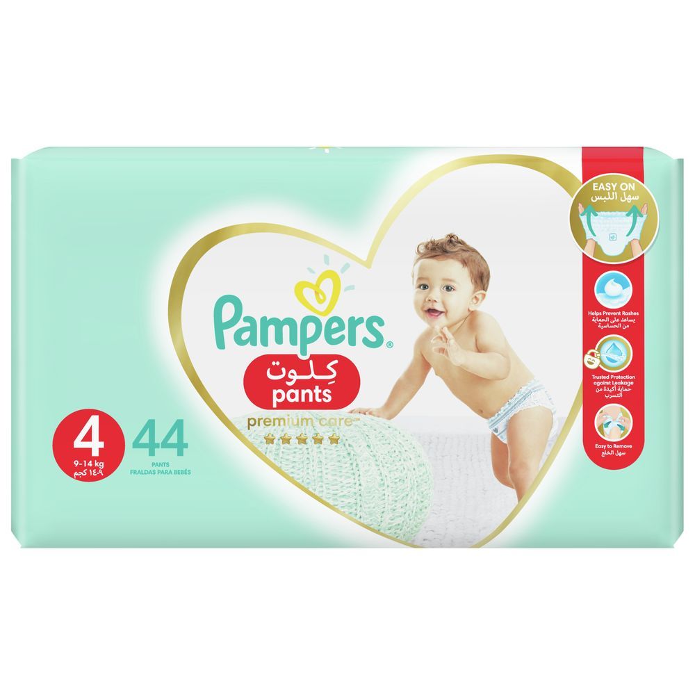 Pampers Premium Care Pants Diapers, Size 4, 9-14kg, Easy On & Easy Off - 44 Baby Diapers