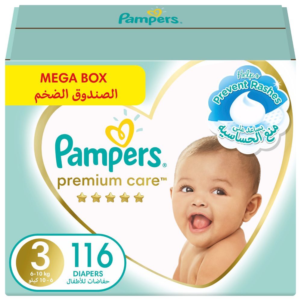 Pampers Premium Care Diapers, Size 3, 6-10 kg - 116 Baby Diapers