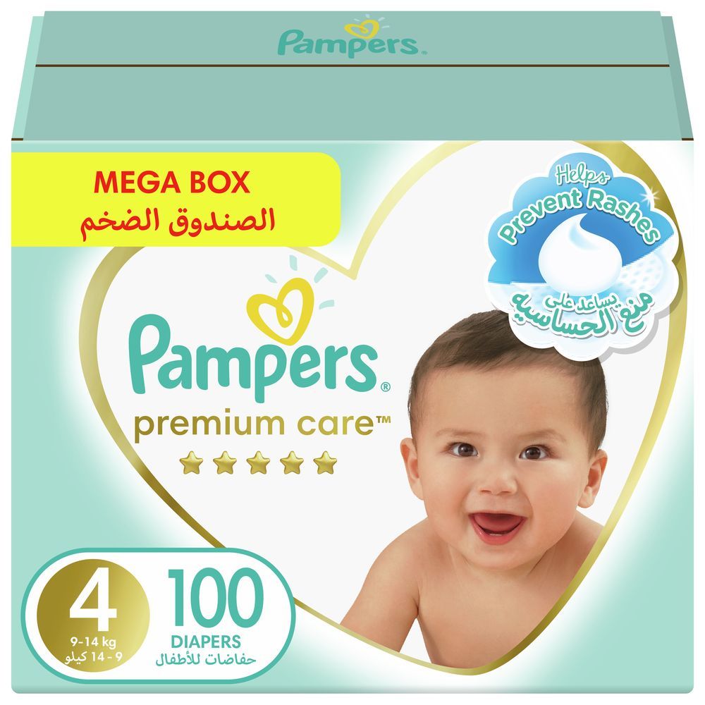 Pampers Premium Care Diapers, Size 4, 9-14 kg - 100 Baby Diapers