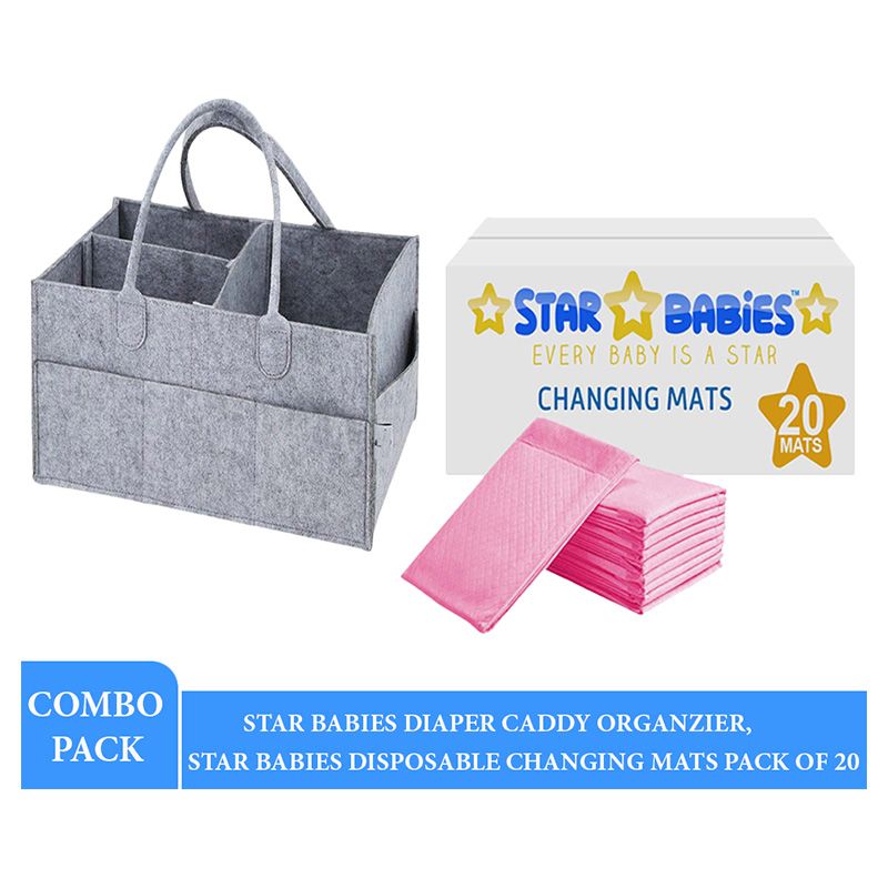 Star Babies - Caddy Diaper Bag w/ Disposable Changing Mat - 20pcs - Grey/Pink