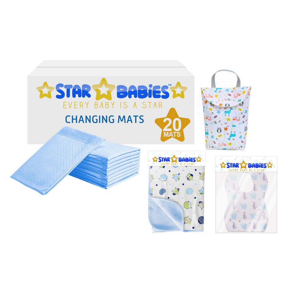 Star Babies Changing & Reusable Mats, Bibs, Diaper Bag Blue