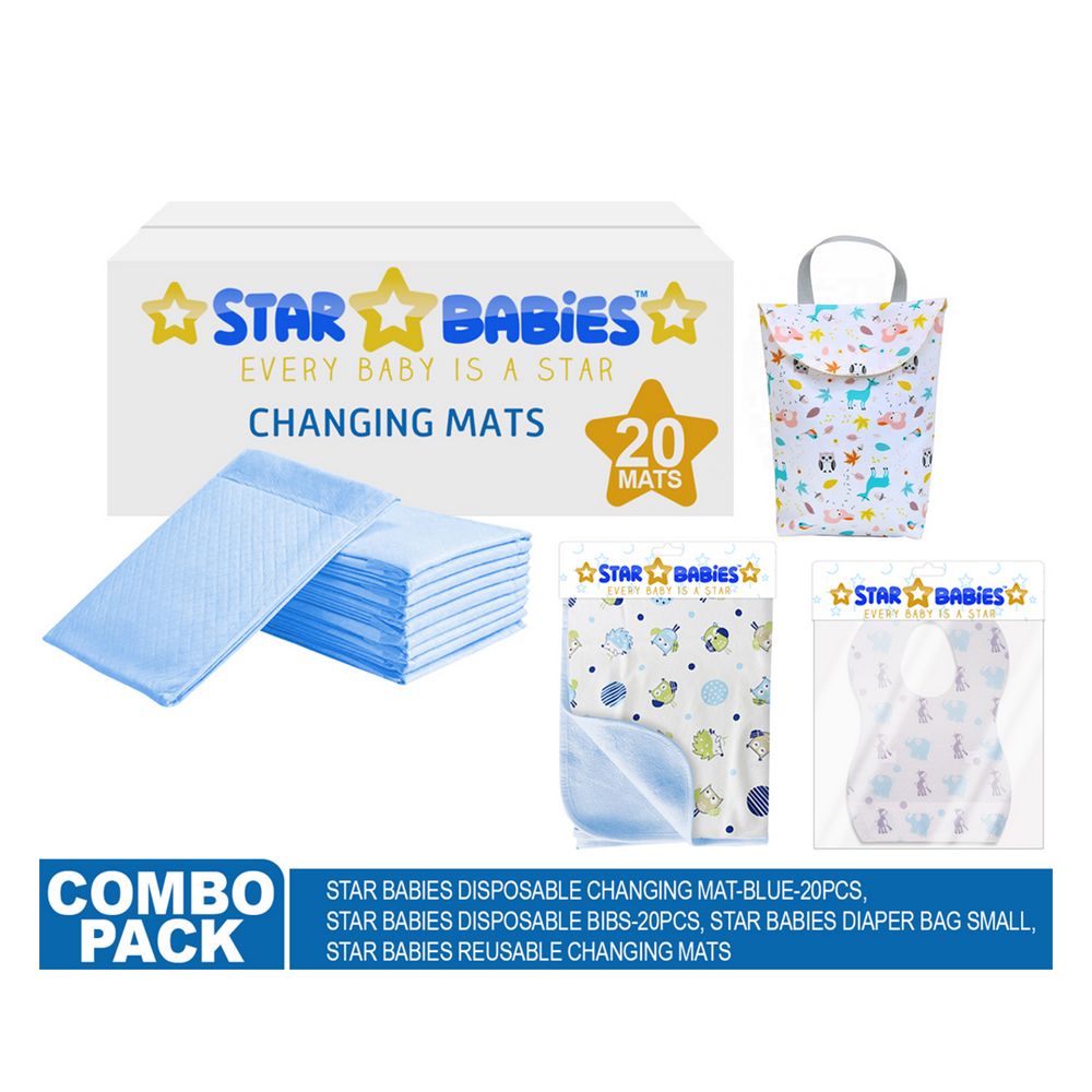 Star Babies Changing & Reusable Mats, Bibs, Diaper Bag Blue