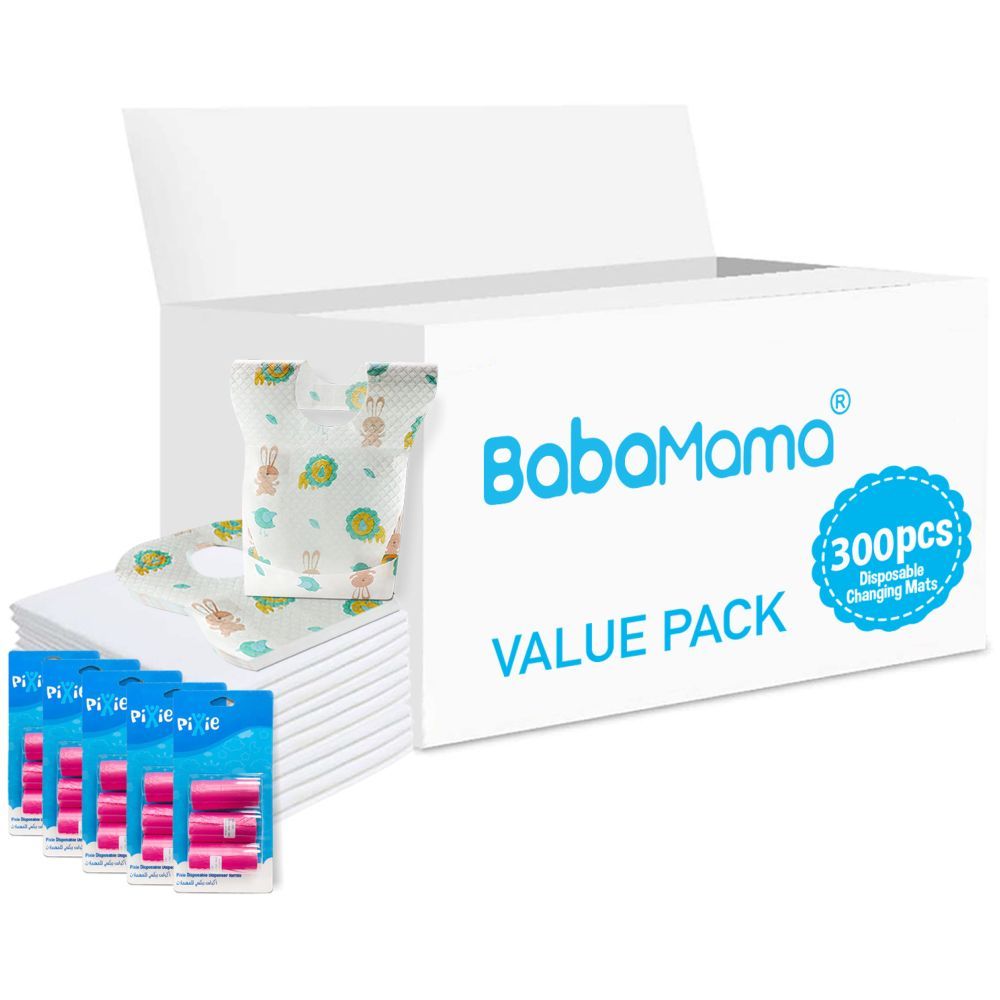 Babamama - Changing Mats 300 + Pixie - Bibs 300 + Pack Of 5 Refill Pink 300 Nappy Bags 