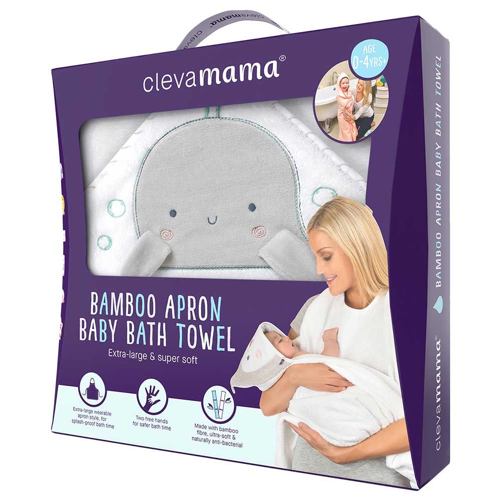 Clevamama - Bamboo Apron Baby Bath Towel - White/Grey 