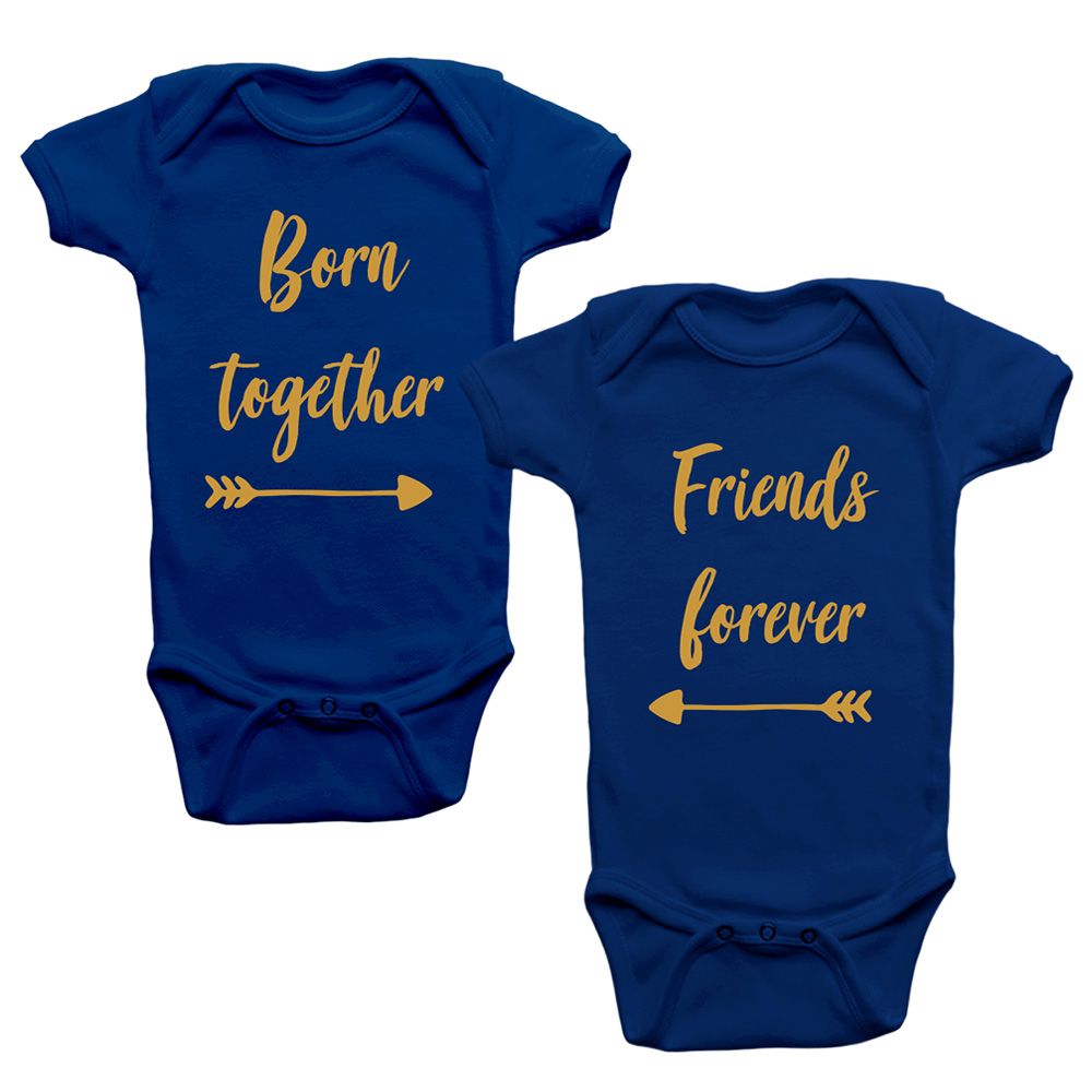 Born Together Friends Forever Twins Onesies 2pcs - Navy Blue