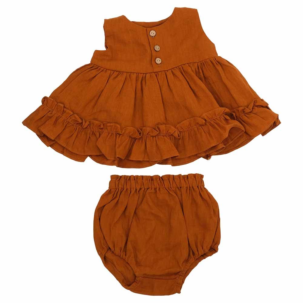 Kyara - 2Pc-Set - Pure Linen Dress & Bloomer - Brown