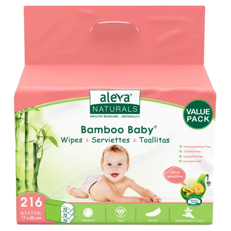 AlevaNaturals - Bamboo Baby Sensitive Wipes - Club Pack Pack of 3 - 216pcs