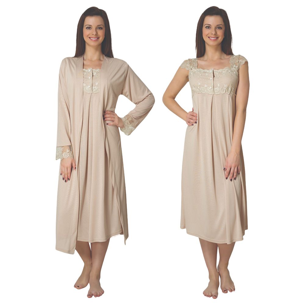 Mini Plum - 2pc-Set - Lacey Maternity Nightwear - Beige